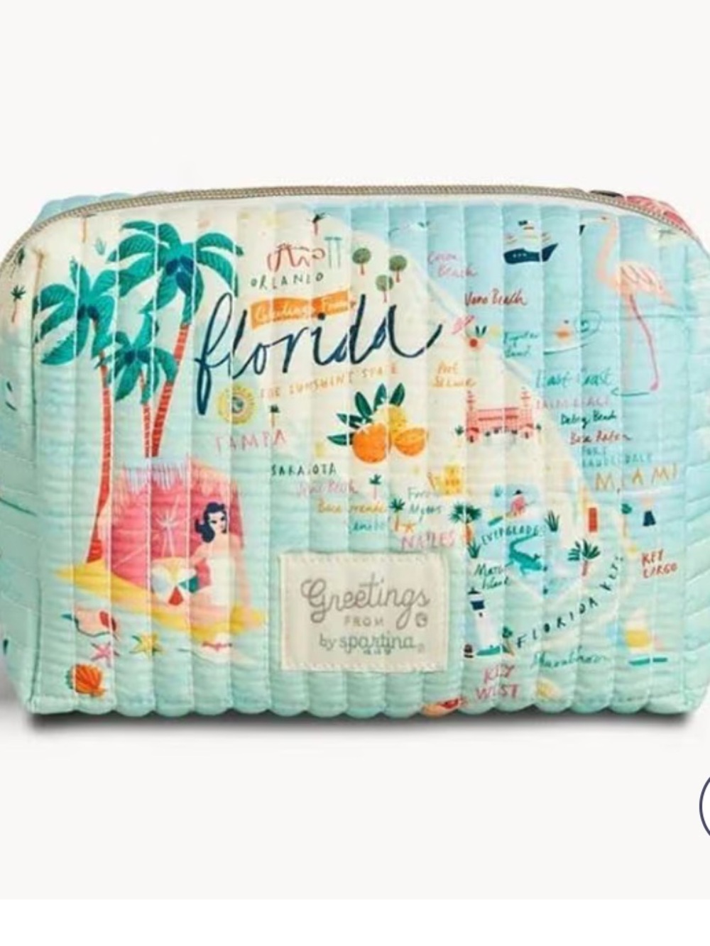 Spartina 449 Quilted Florida Cosmetic Pouch in Aqua with Multicolor Accents